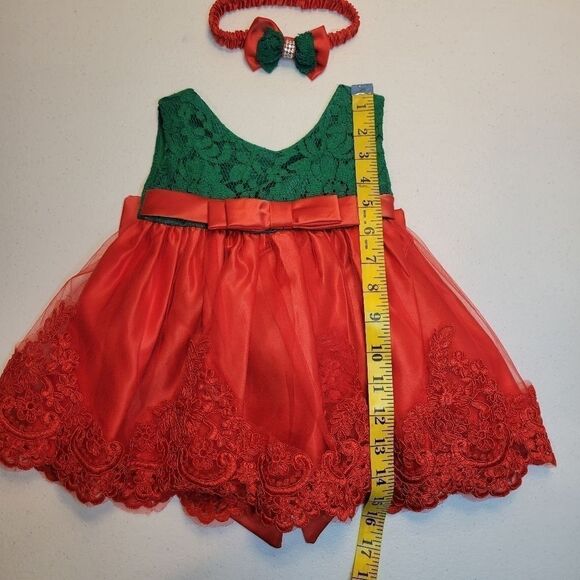 GIRLS 3mo Red and Green Formal Christmas Dress Matching Headband - Picture 9 of 12
